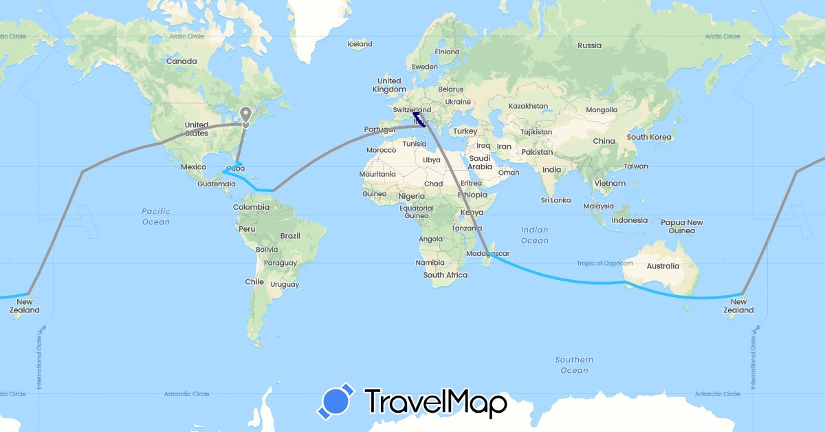 TravelMap itinerary: driving, plane, boat in Australia, Bahamas, Cuba, Grenada, Italy, Jamaica, Cayman Islands, Madagascar, Mexico, Netherlands, New Zealand, United States (Africa, Europe, North America, Oceania)